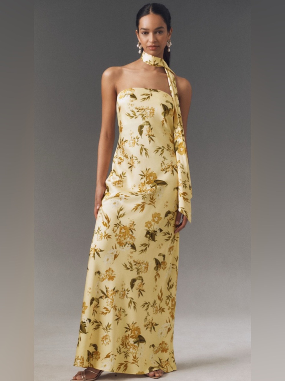 Anthropologie Pale Yellow Floral Strapless Silk Maxi Dress